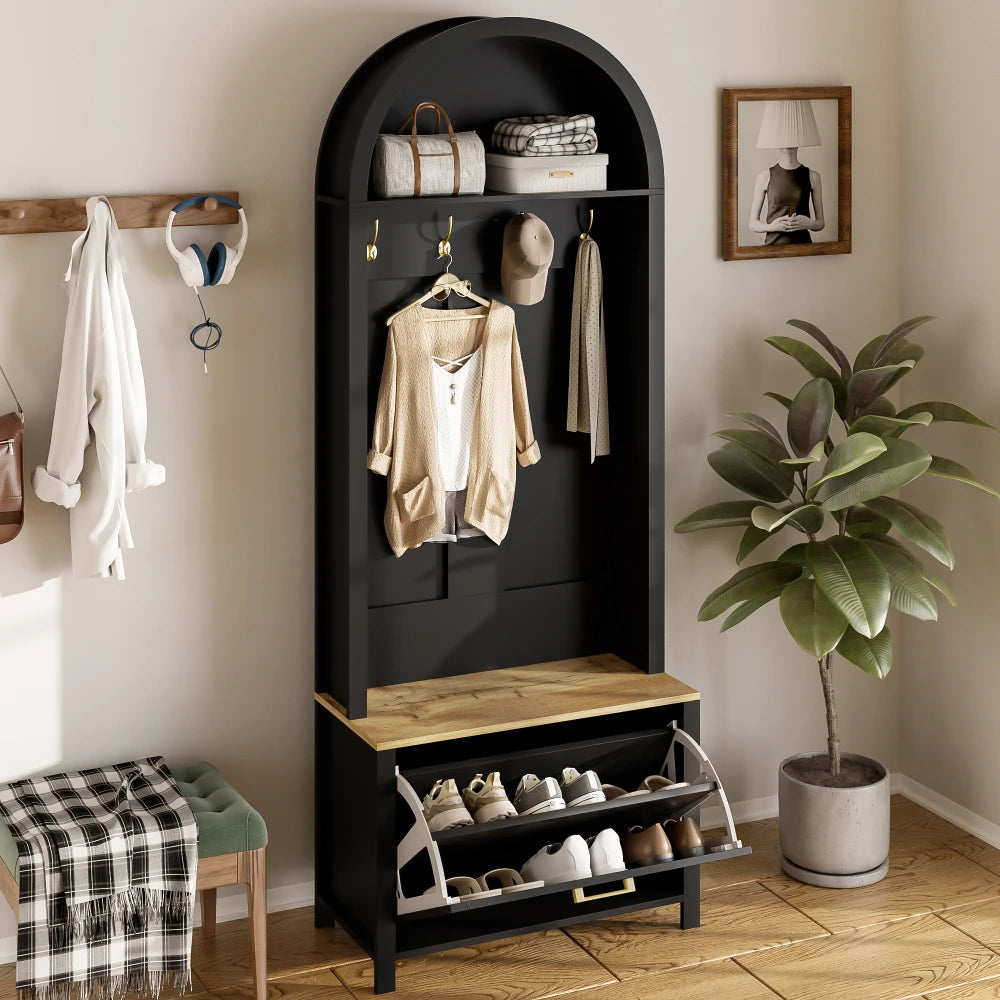 Multifunctional Modern Coat Racks Wardrobe with Shoe Rack Shelf Hooks for Entrance Hall Stable Iron Feet Convenient Storage