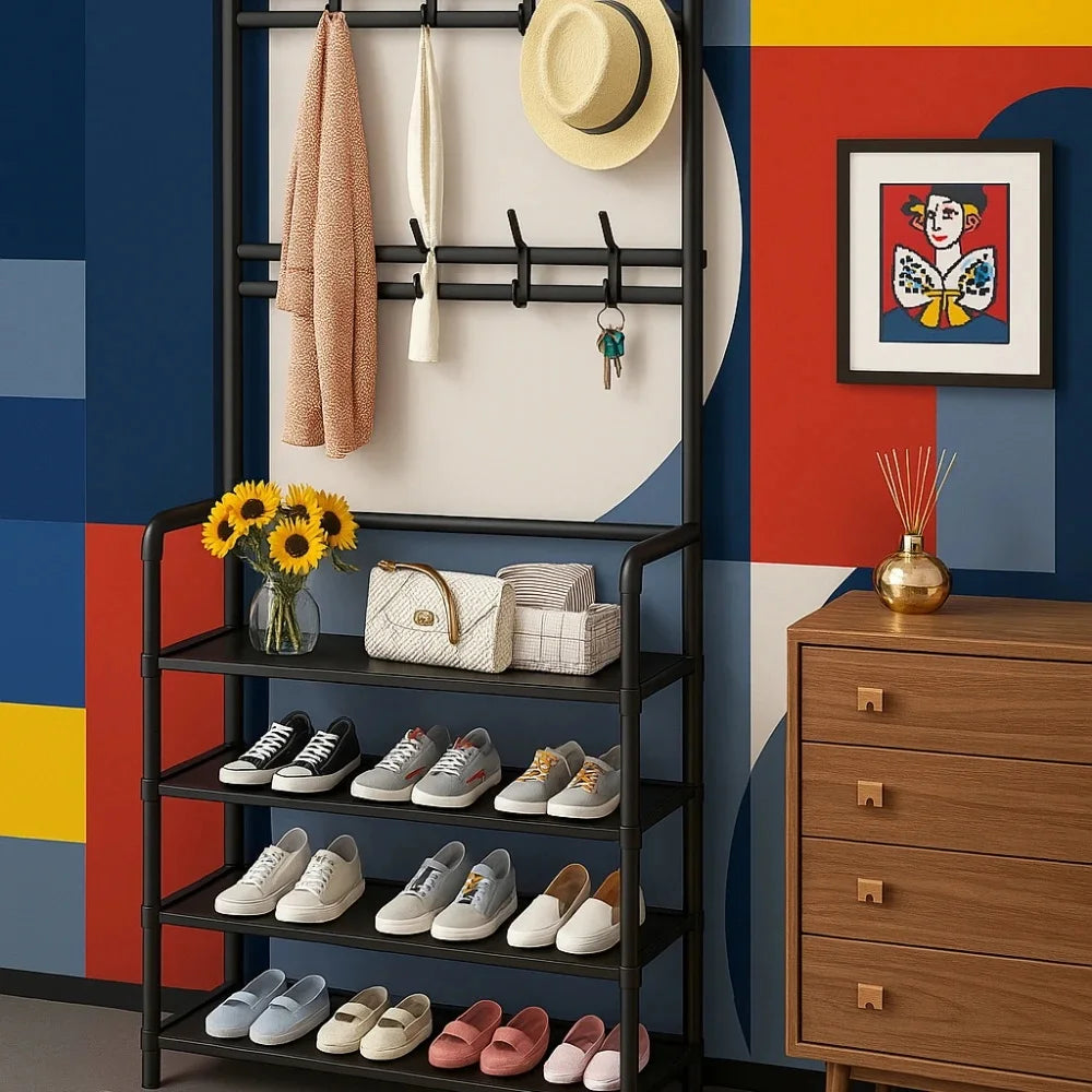 2025 Coat Shoe Rack Organizer Doorway DIY Hat And Shoes Shelf with Hooks Multipurpose Simple Metal Storage Rack Clothes Hanger