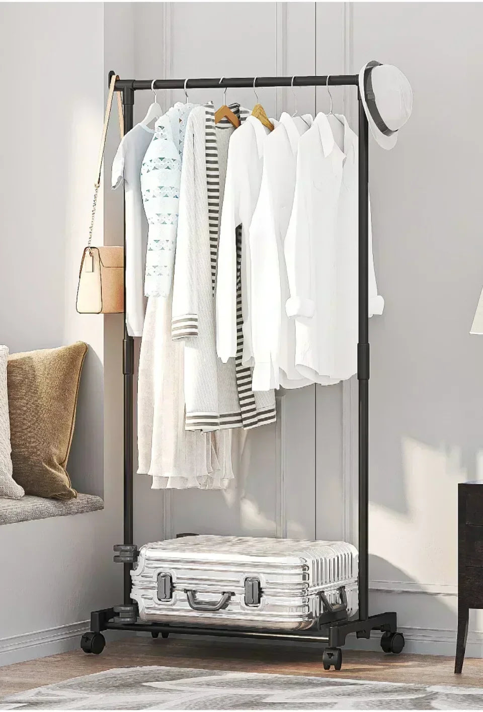 Simple shoe and hat integrated storage rack single double rod with wheel drying rack multi-layer storage coat rack
