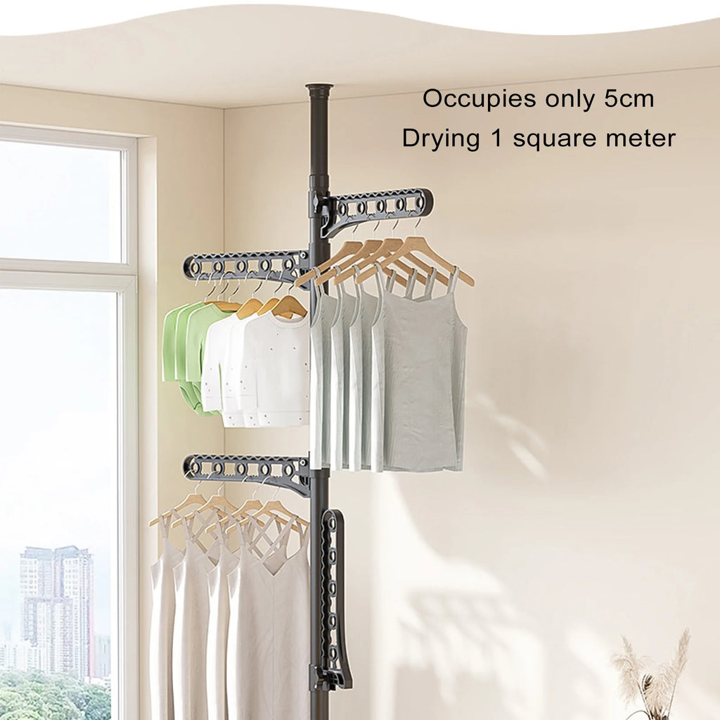 Floor Coat Hanger High Temperature Proof Floor To Ceiling Coat Rack 360 Degree Rotating with 5 Adjustable Arms for Laundry Room