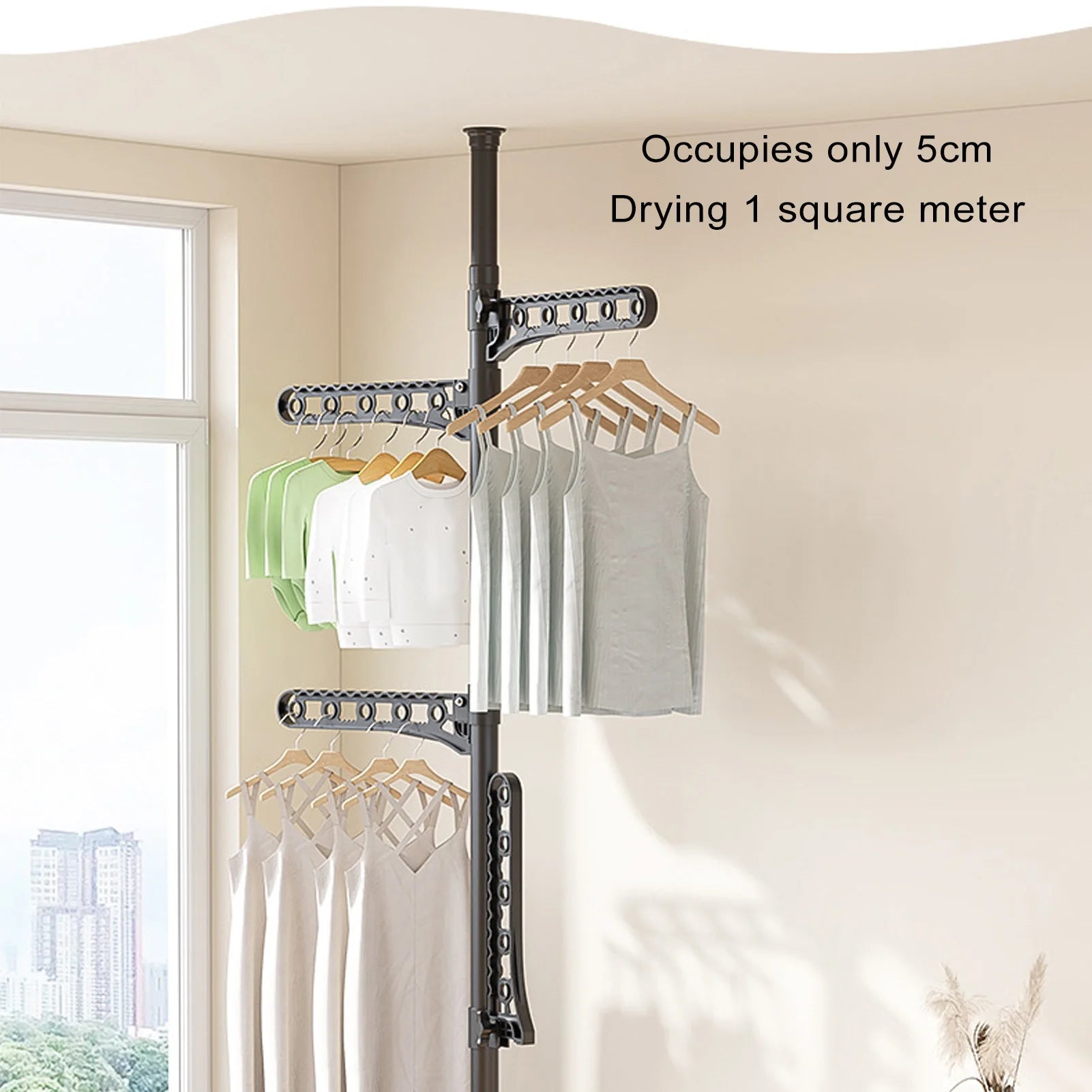 Floor Coat Hanger High Temperature Proof Floor To Ceiling Coat Rack 360 Degree Rotating with 5 Adjustable Arms for Laundry Room