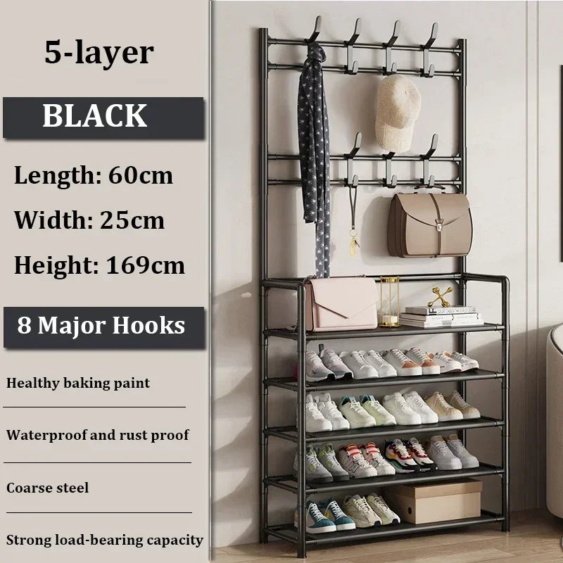 2025 Coat Shoe Rack Organizer Doorway DIY Hat And Shoes Shelf with Hooks Multipurpose Simple Metal Storage Rack Clothes Hanger