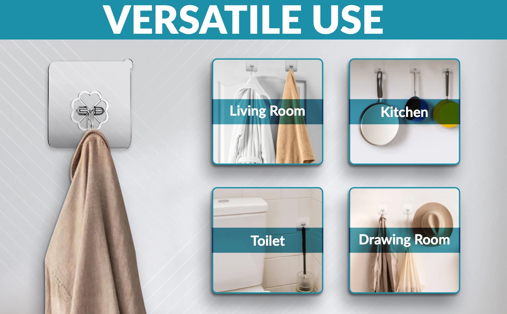 Waterproof and Oilproof Wall Hooks, Sticky Hooks for Kitchen Bathroom Shower Door Outdoor Wall Hanging Door Self-adhesive