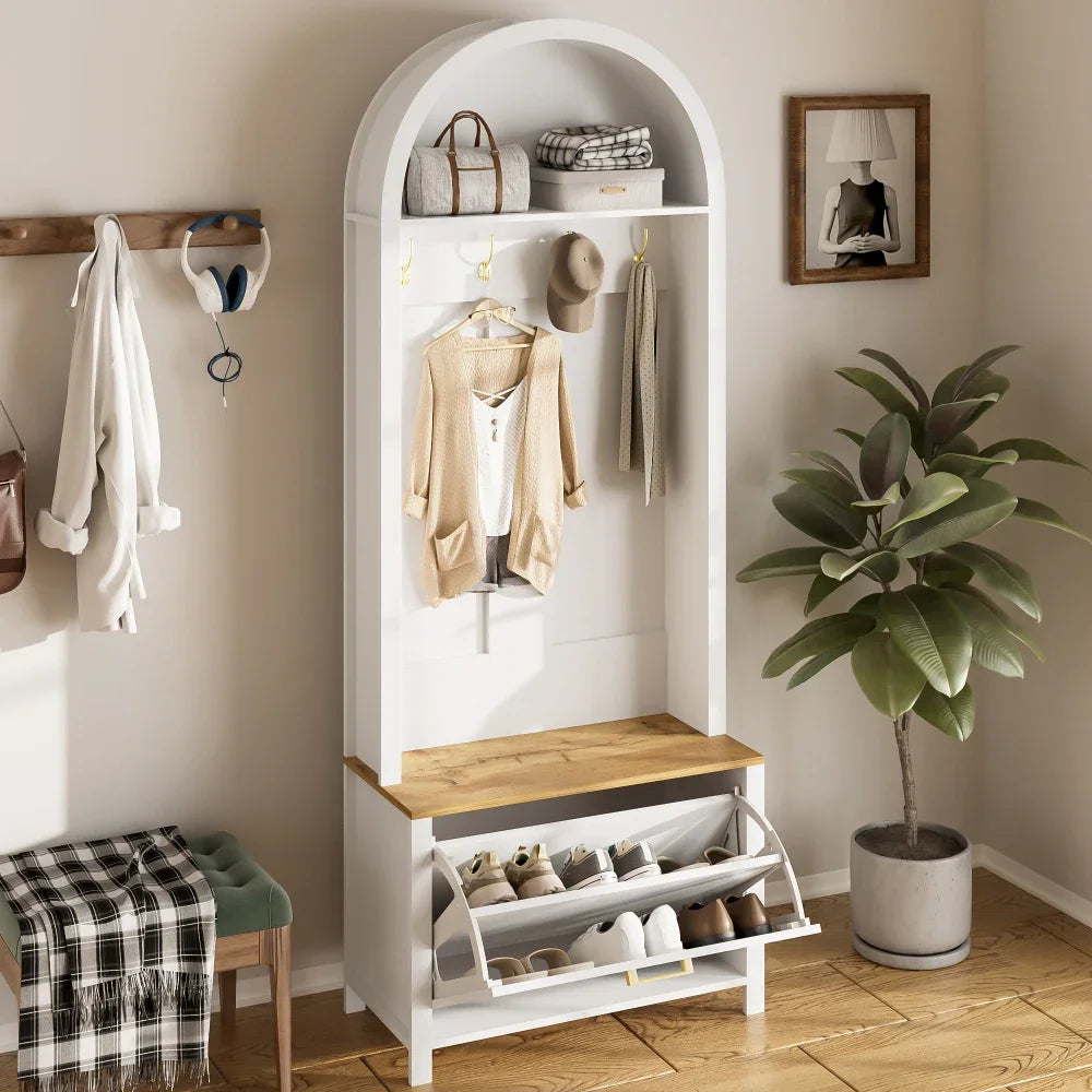 Multifunctional Modern Coat Racks Wardrobe with Shoe Rack Shelf Hooks for Entrance Hall Stable Iron Feet Convenient Storage