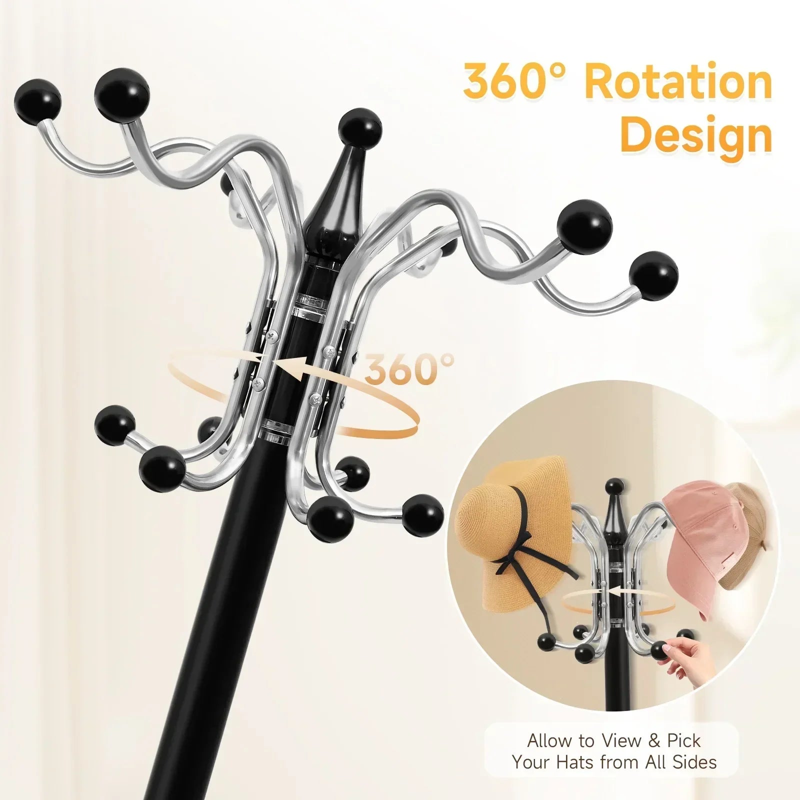 66.9in Black Tree Coat Hat Rack w/ 17 Hooks, Floor Standing Umbrella Storage Stand for Bedroom Entryway, Space Saving Organizer