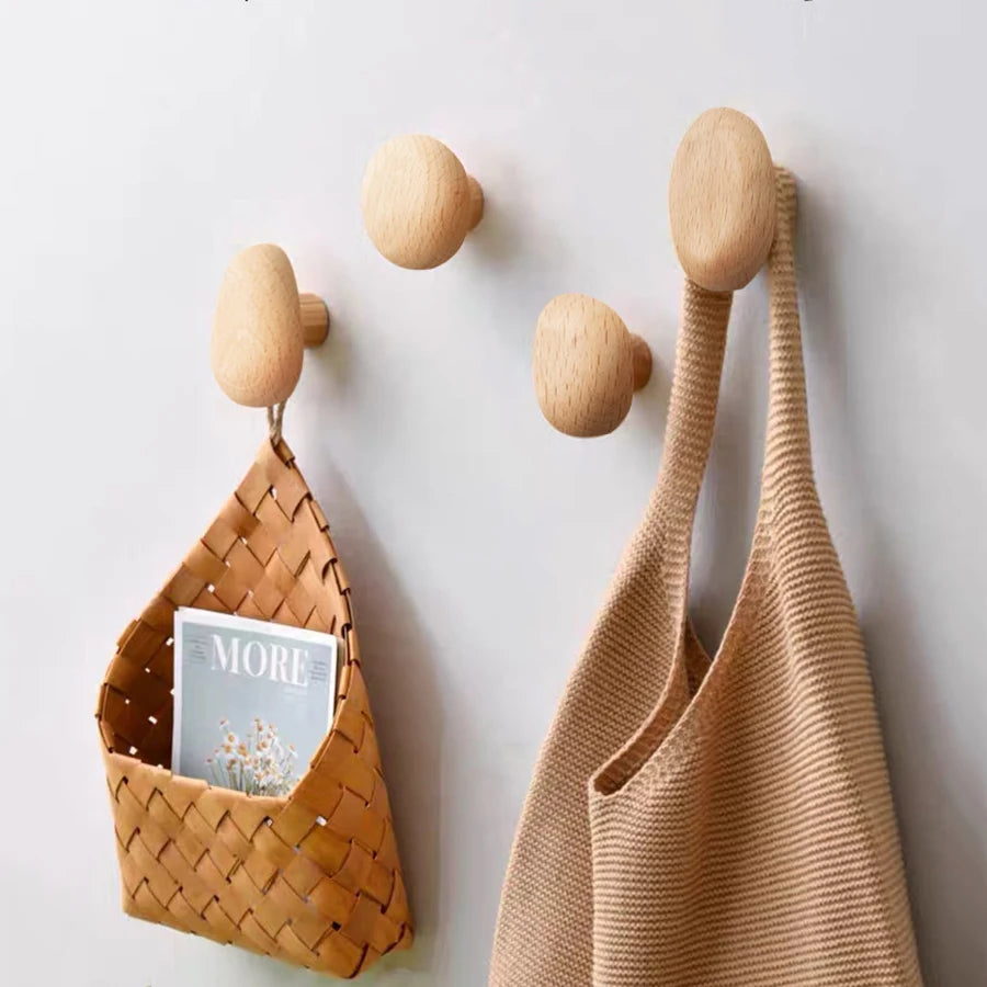 Scandinavian Solid Wood Handle Clothes Hook Coat Hook Wall-mounted Hook Punch-free Door Clothes Hanger Pebble Shape Cabinet Door