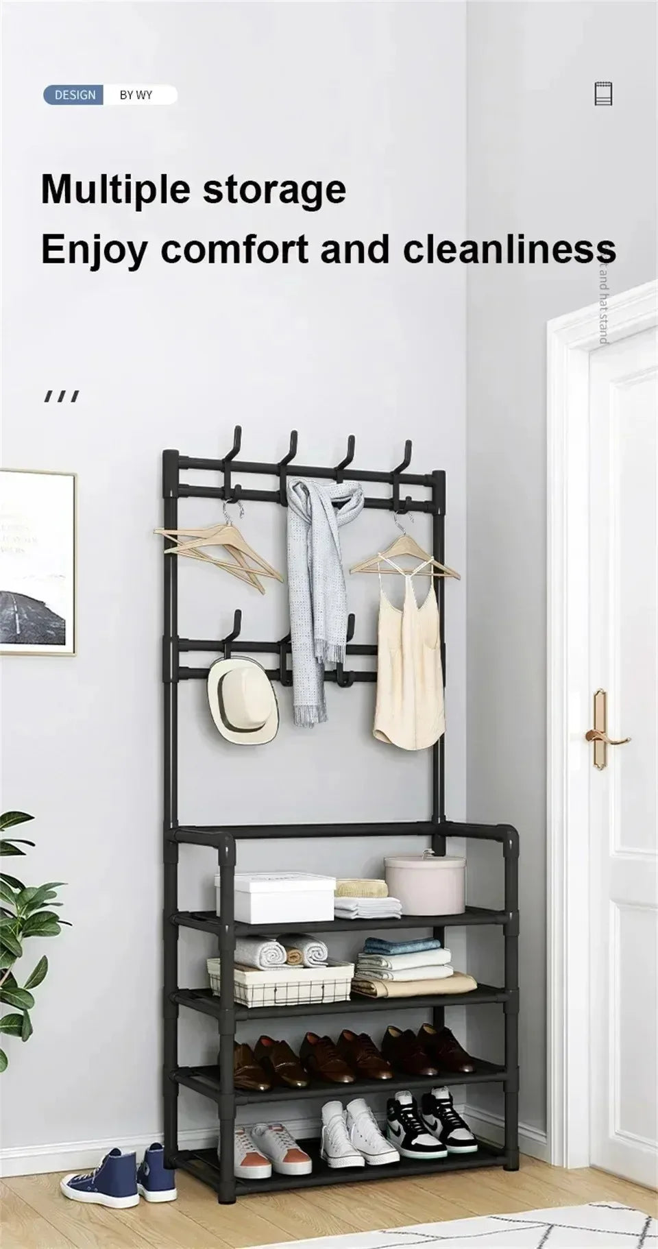 2025 Coat Shoe Rack Organizer Doorway DIY Hat And Shoes Shelf with Hooks Multipurpose Simple Metal Storage Rack Clothes Hanger