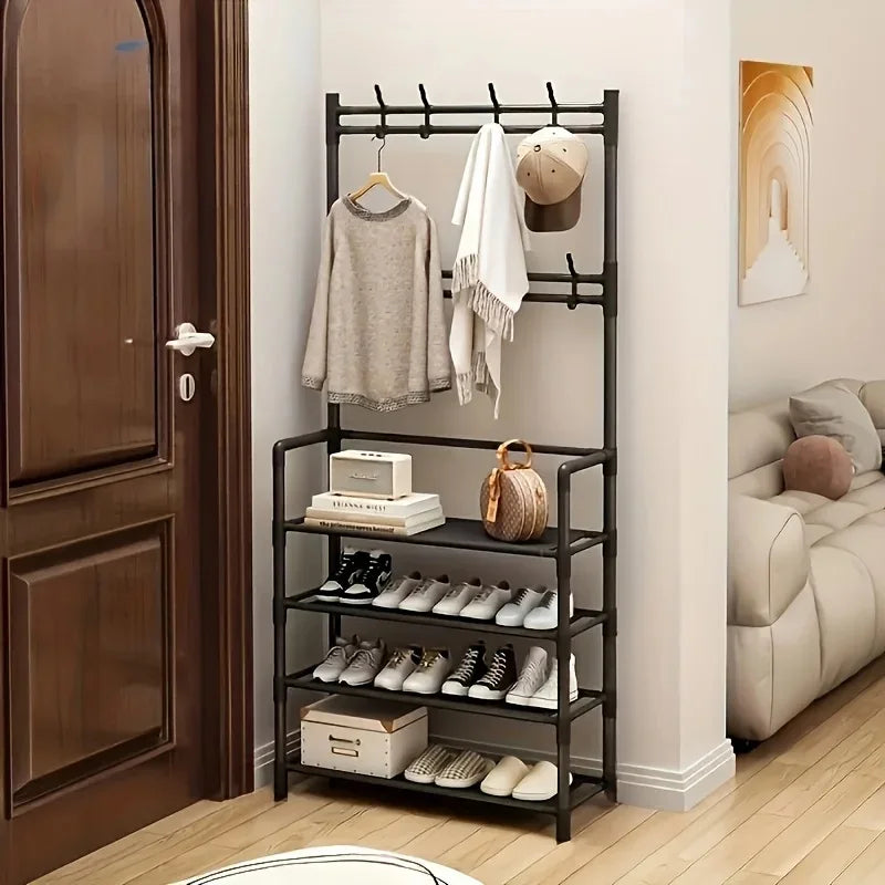 2025 Coat Shoe Rack Organizer Doorway DIY Hat And Shoes Shelf with Hooks Multipurpose Simple Metal Storage Rack Clothes Hanger