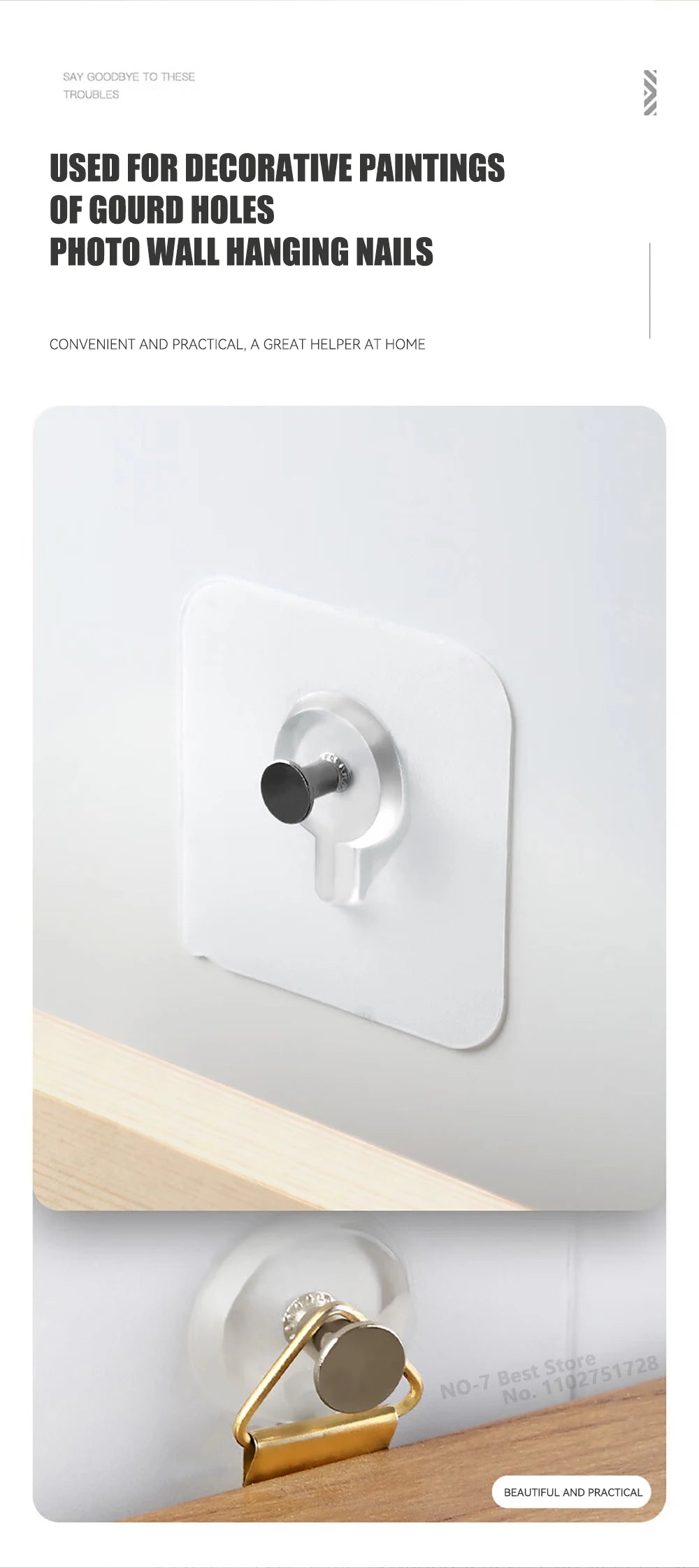 Self-adhesive Hook for Picture Super Strong Wall Hook Without Piercing Punch-free Picture Frame Holder Bathroom Kitchen Storage