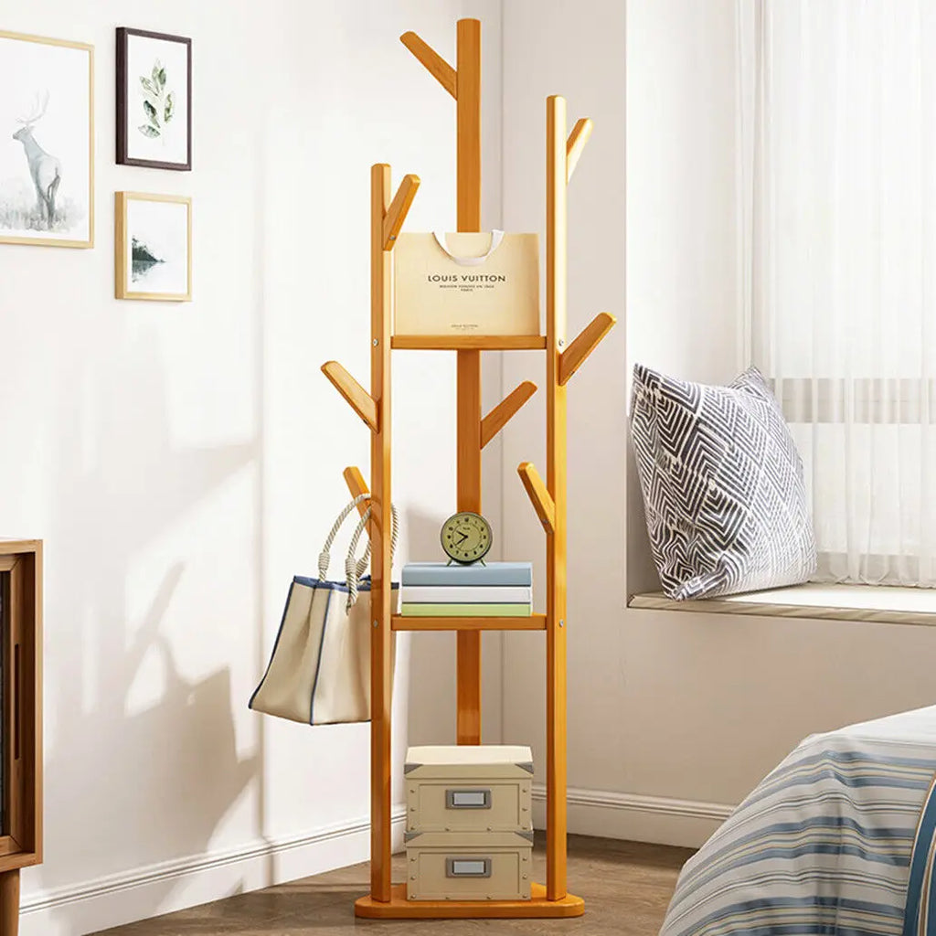Bamboo Corner Tree Coat Rack Stand  Clothes Hanger with Hooks and Shelves