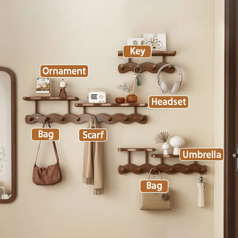 Entryway Wall Mounted Coat Rack Multi-Functional Hooks Organizer with Shelf for Hanging Clothes, Scarves Bags Keys
