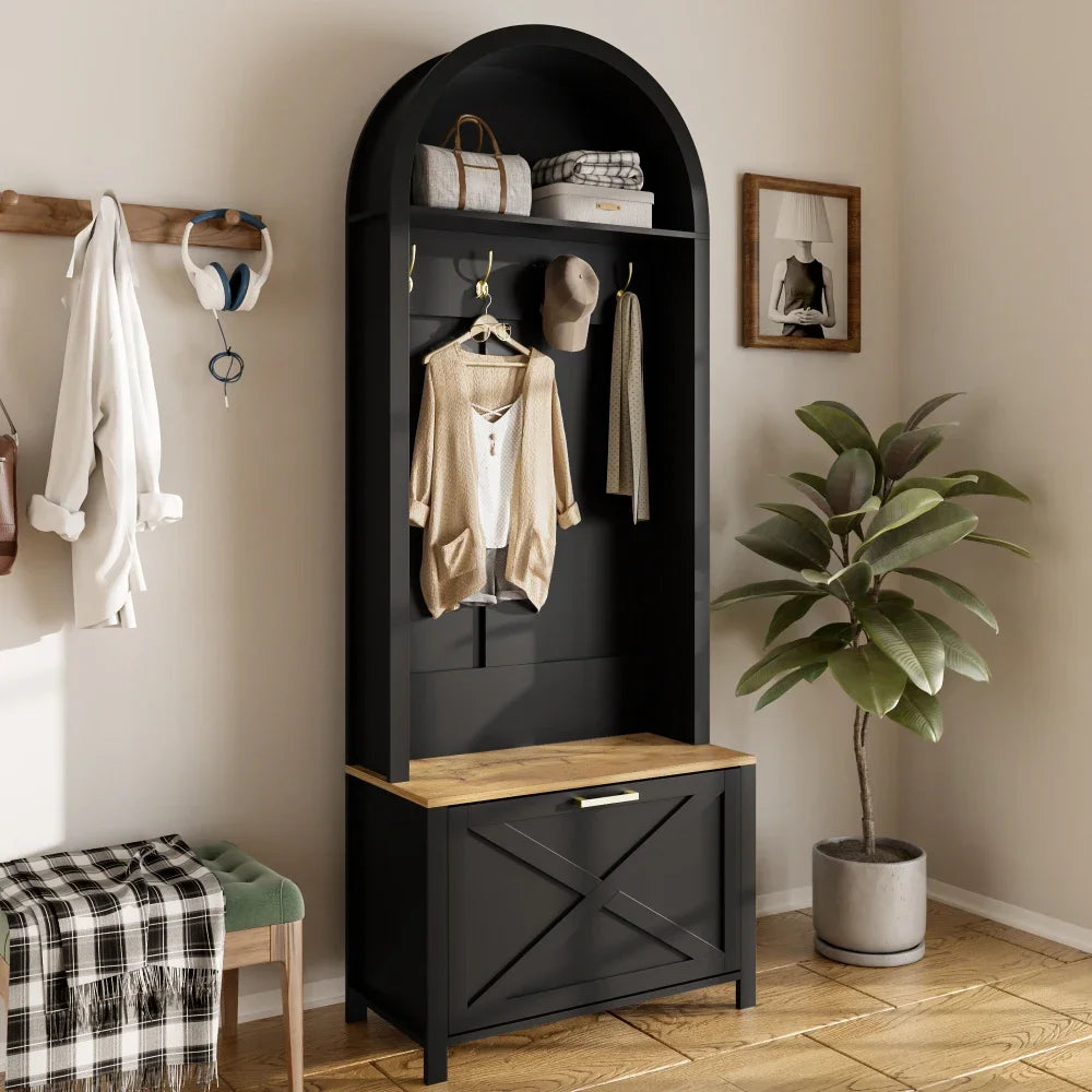 Multifunctional Modern Coat Racks Wardrobe with Shoe Rack Shelf Hooks for Entrance Hall Stable Iron Feet Convenient Storage