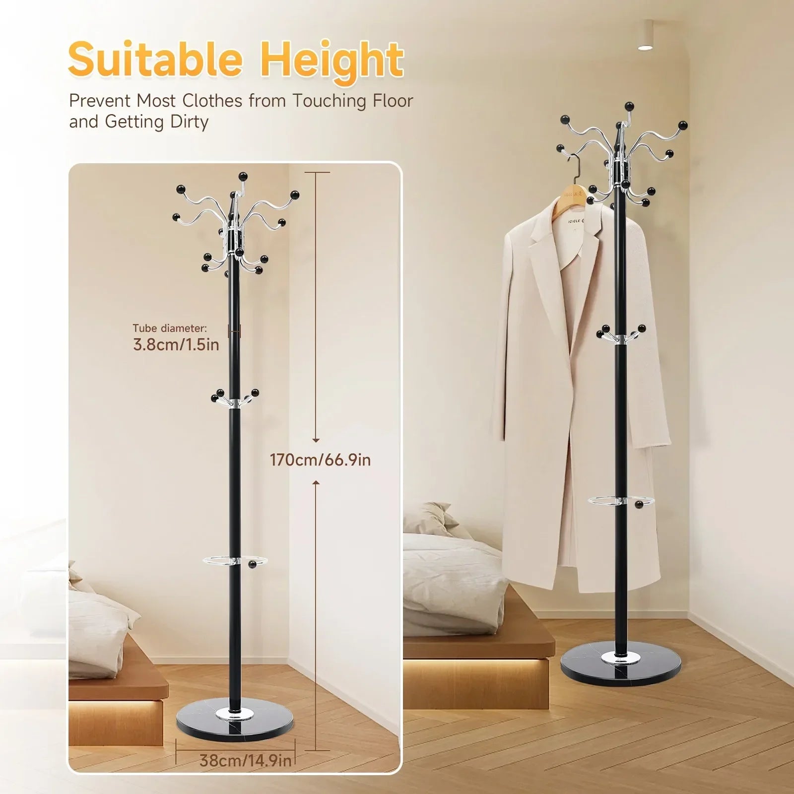 66.9in Black Tree Coat Hat Rack w/ 17 Hooks, Floor Standing Umbrella Storage Stand for Bedroom Entryway, Space Saving Organizer
