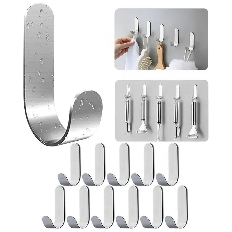 2/10Pcs Adhesive Hooks Metal Stainless Steel Wall Hooks Utility J Hook Key Holder Self Adhesive Wall Hook for Shower Kitchen