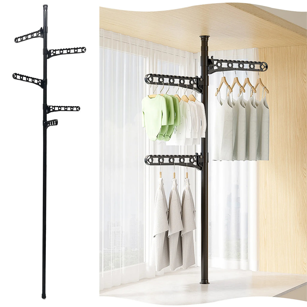 Floor Coat Hanger High Temperature Proof Floor To Ceiling Coat Rack 360 Degree Rotating with 5 Adjustable Arms for Laundry Room