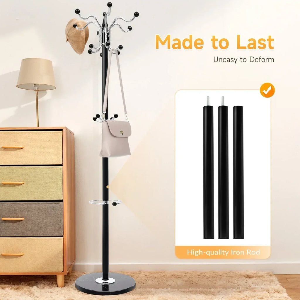 66.9in Black Tree Coat Hat Rack w/ 17 Hooks, Floor Standing Umbrella Storage Stand for Bedroom Entryway, Space Saving Organizer