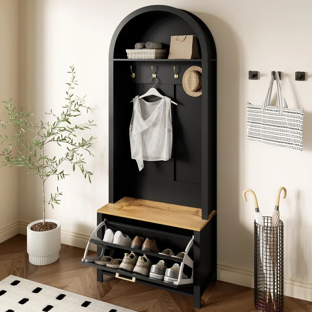 Multifunctional Modern Coat Racks Wardrobe with Shoe Rack Shelf Hooks for Entrance Hall Stable Iron Feet Convenient Storage