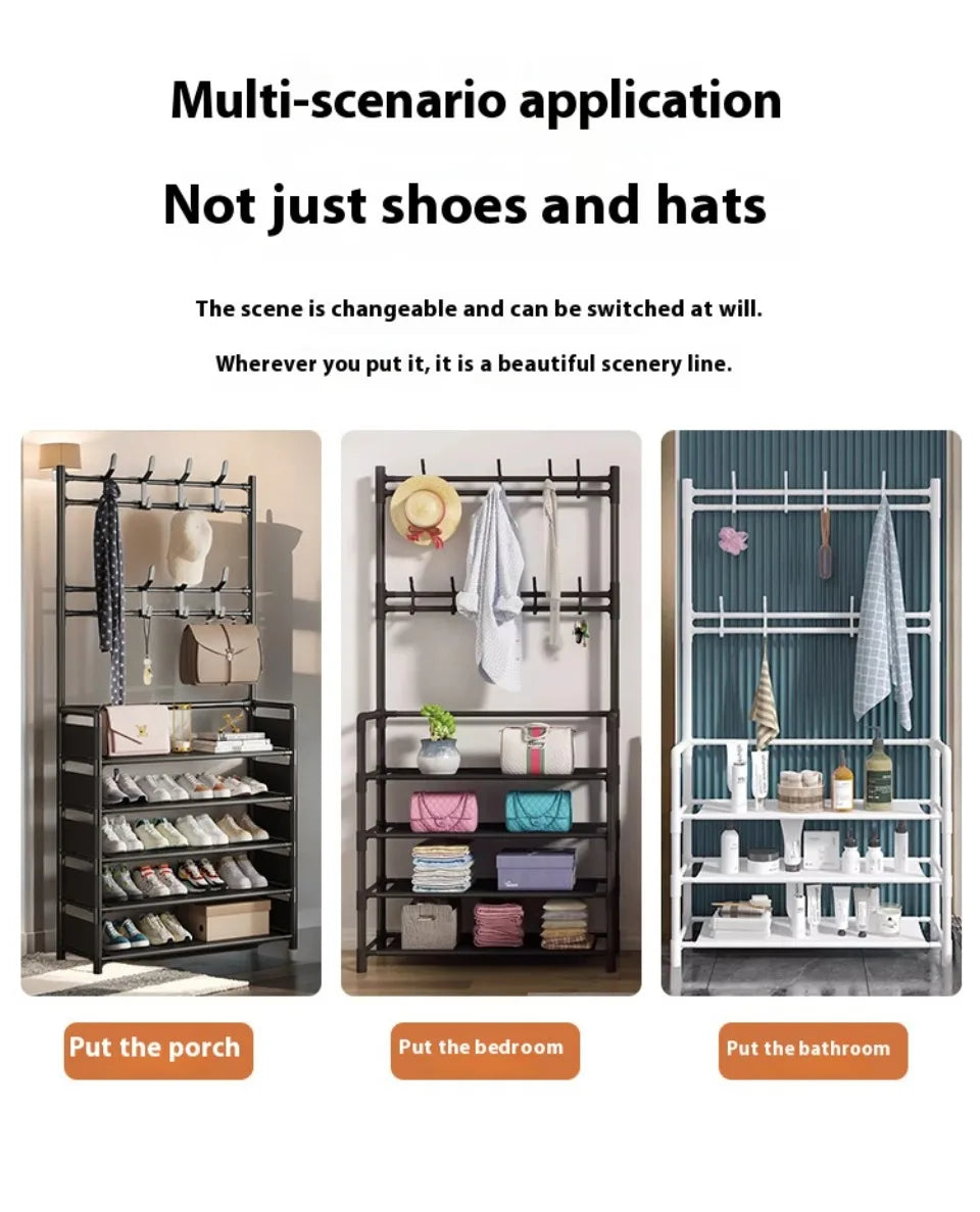 2025 Coat Shoe Rack Organizer Doorway DIY Hat And Shoes Shelf with Hooks Multipurpose Simple Metal Storage Rack Clothes Hanger