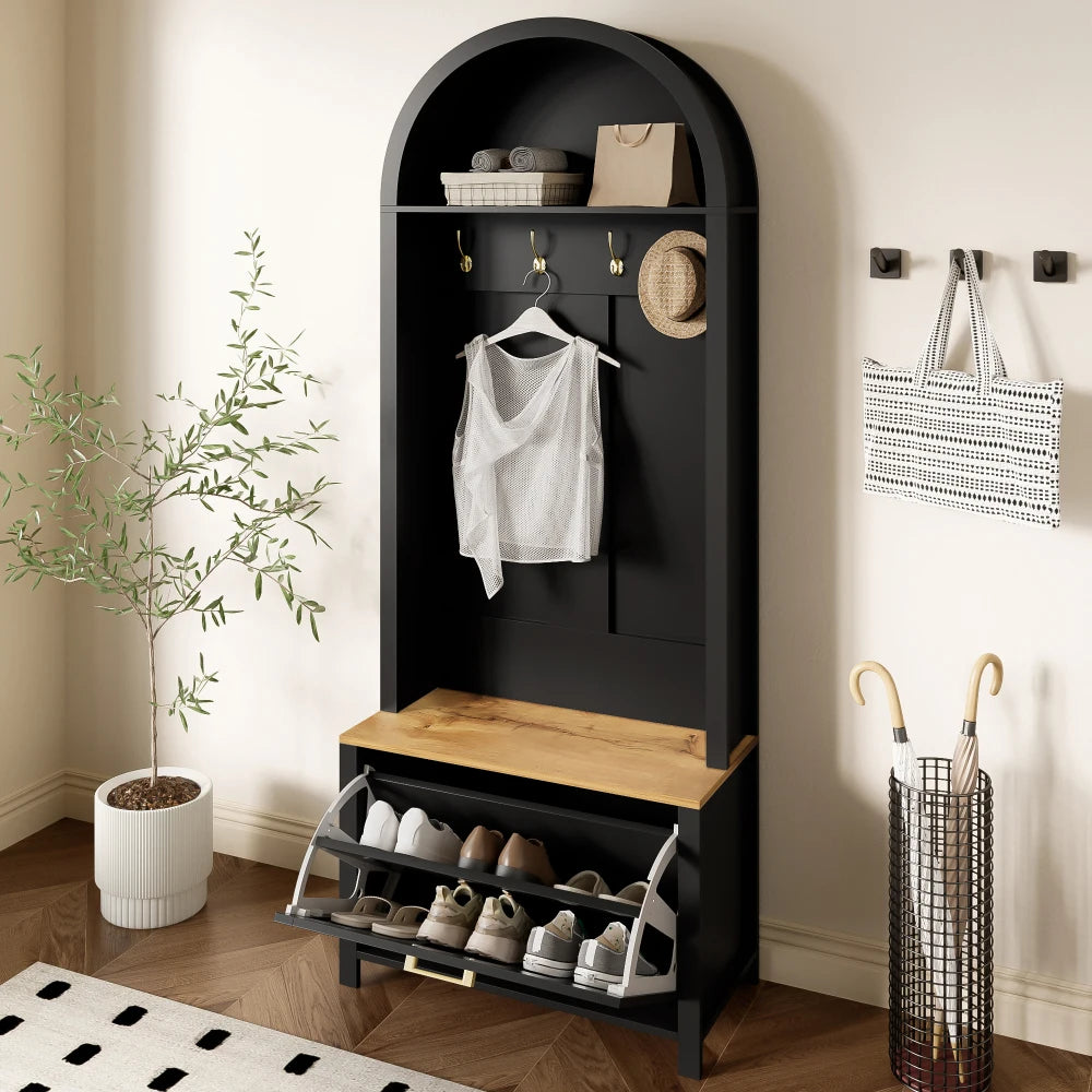 Multifunctional Modern Coat Racks Wardrobe with Shoe Rack Shelf Hooks for Entrance Hall Stable Iron Feet Convenient Storage