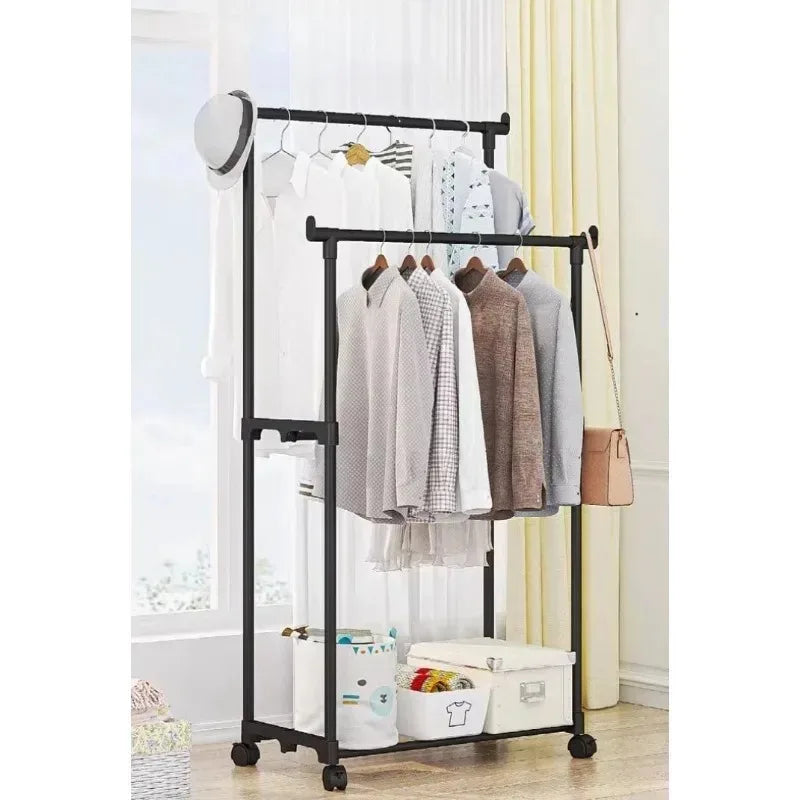 Simple shoe and hat integrated storage rack single double rod with wheel drying rack multi-layer storage coat rack