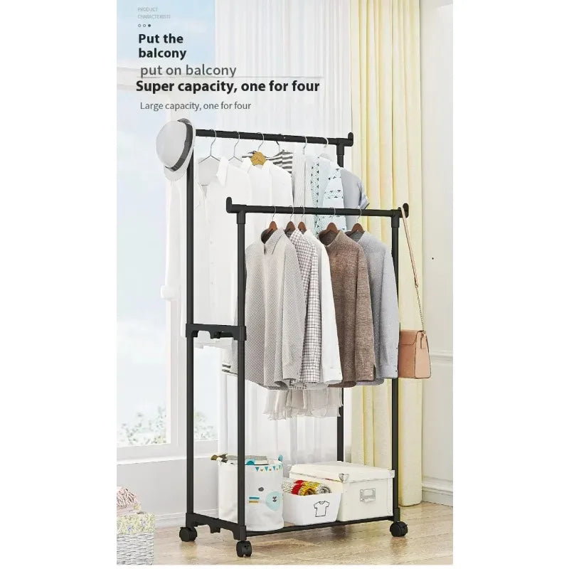 Simple shoe and hat integrated storage rack single double rod with wheel drying rack multi-layer storage coat rack