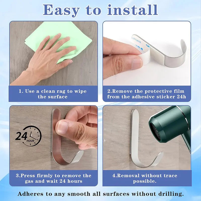 2/10Pcs Adhesive Hooks Metal Stainless Steel Wall Hooks Utility J Hook Key Holder Self Adhesive Wall Hook for Shower Kitchen