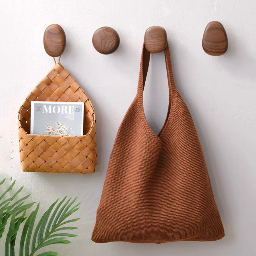 Scandinavian Solid Wood Handle Clothes Hook Coat Hook Wall-mounted Hook Punch-free Door Clothes Hanger Pebble Shape Cabinet Door