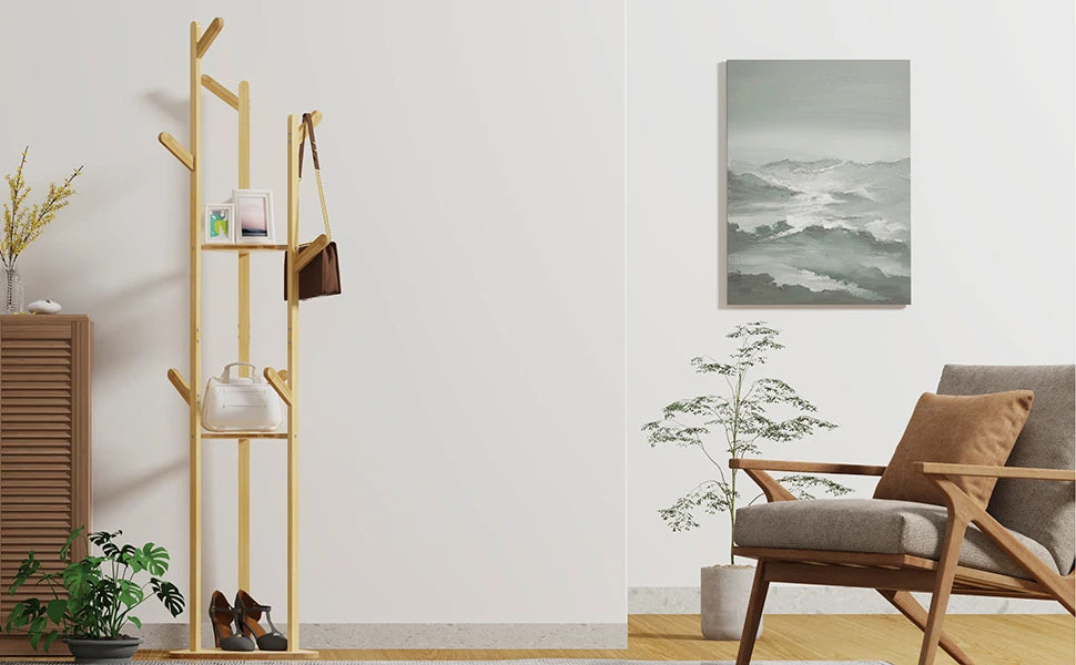 Bamboo Corner Tree Coat Rack Stand  Clothes Hanger with Hooks and Shelves