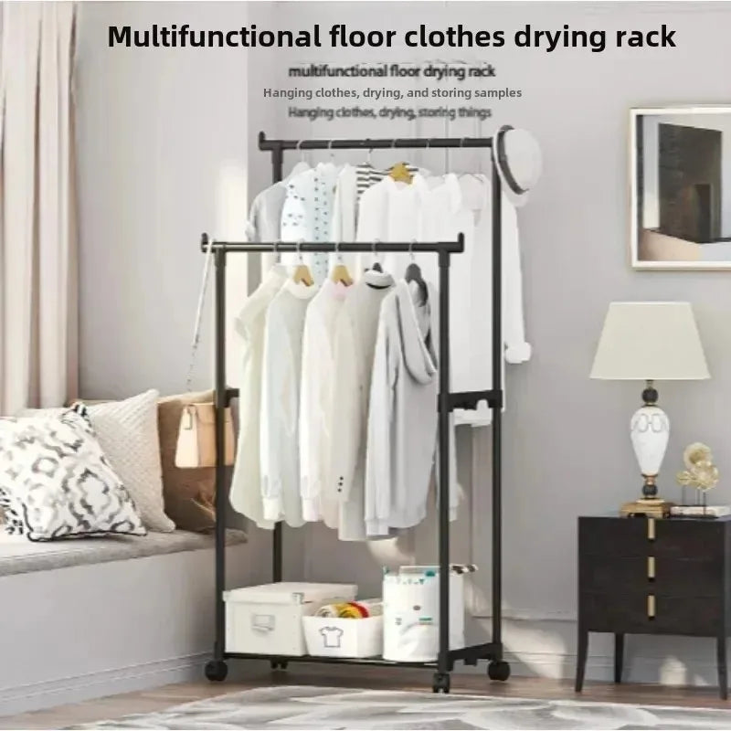 Simple shoe and hat integrated storage rack single double rod with wheel drying rack multi-layer storage coat rack