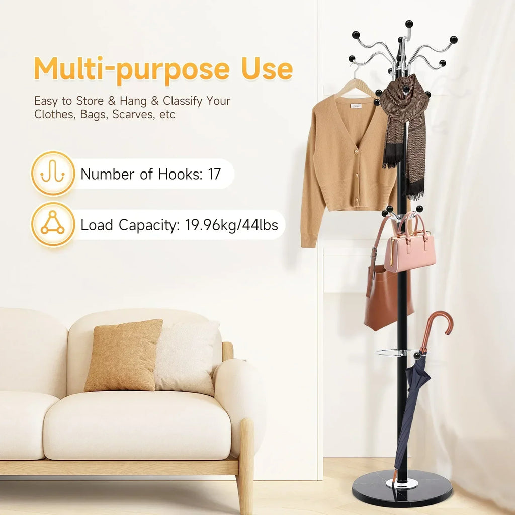66.9in Black Tree Coat Hat Rack w/ 17 Hooks, Floor Standing Umbrella Storage Stand for Bedroom Entryway, Space Saving Organizer