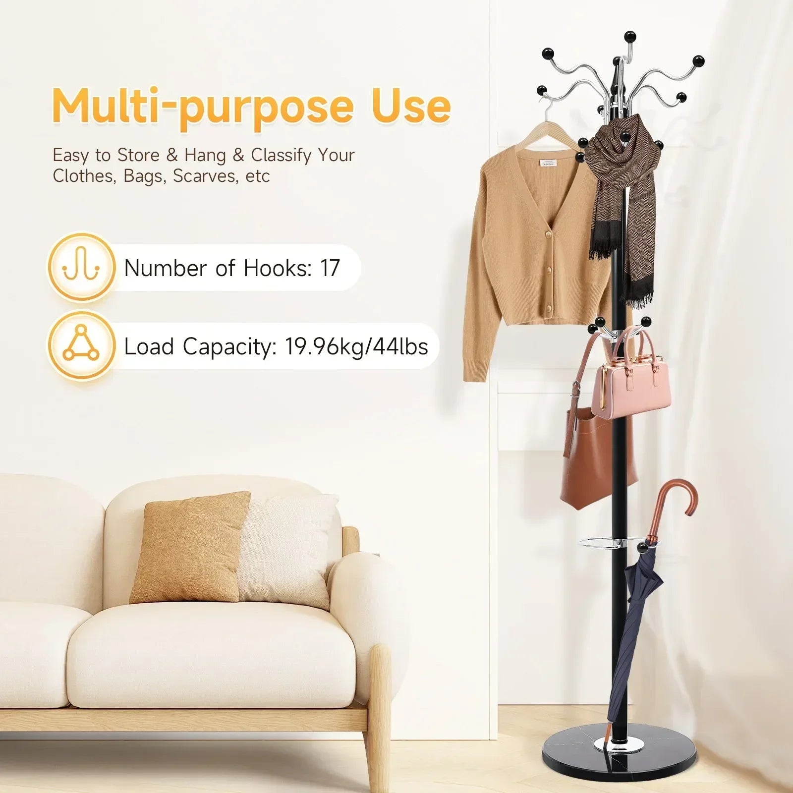 66.9in Black Tree Coat Hat Rack w/ 17 Hooks, Floor Standing Umbrella Storage Stand for Bedroom Entryway, Space Saving Organizer