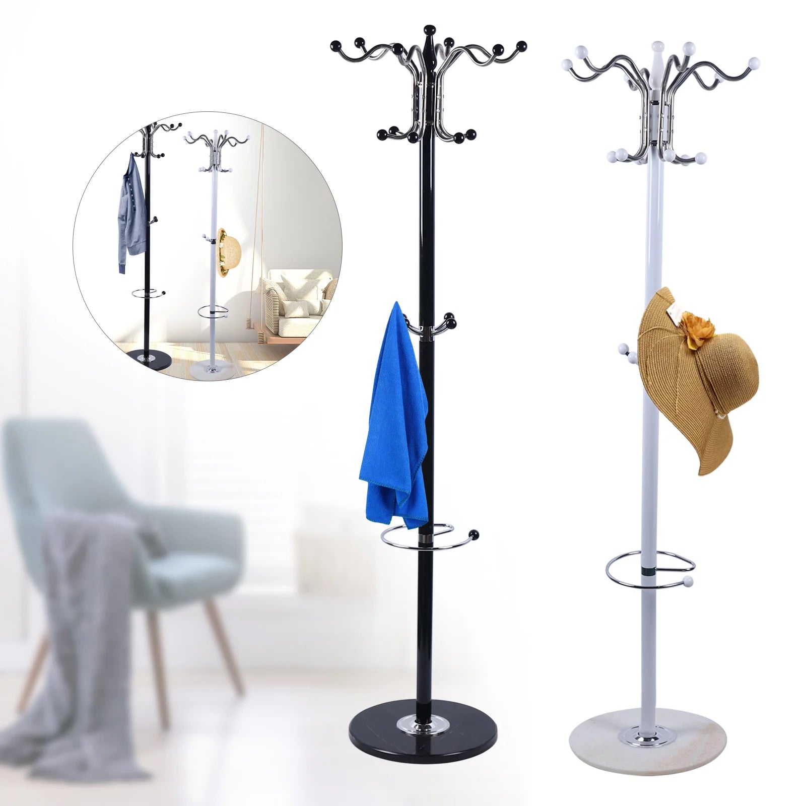 Hat Jacket Stand Tree Holder Hanger Rack Marble Base Coat Tree Coat Racks with 16 Hooks