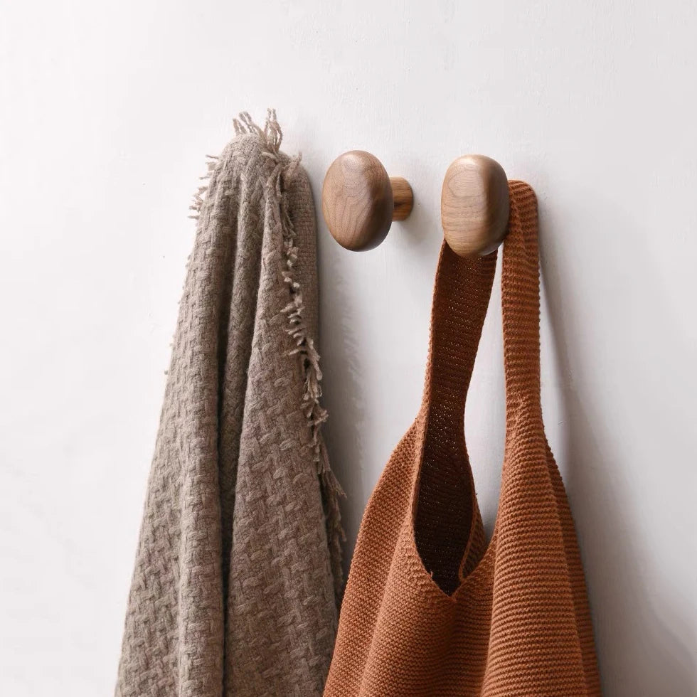 Scandinavian Solid Wood Handle Clothes Hook Coat Hook Wall-mounted Hook Punch-free Door Clothes Hanger Pebble Shape Cabinet Door