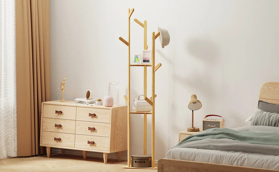 Bamboo Corner Tree Coat Rack Stand  Clothes Hanger with Hooks and Shelves