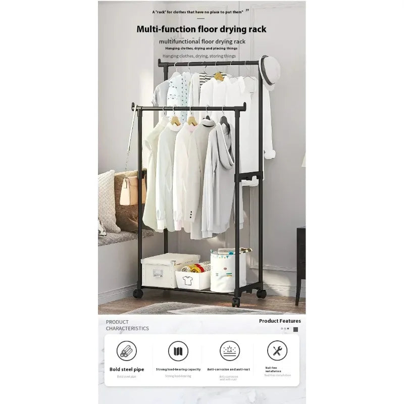 Simple shoe and hat integrated storage rack single double rod with wheel drying rack multi-layer storage coat rack