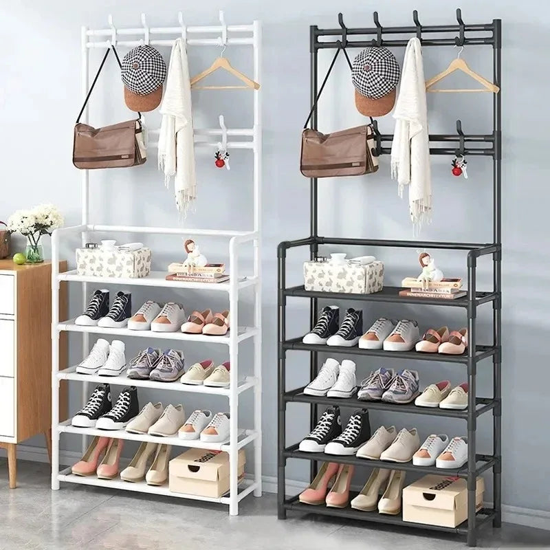 2025 Coat Shoe Rack Organizer Doorway DIY Hat And Shoes Shelf with Hooks Multipurpose Simple Metal Storage Rack Clothes Hanger