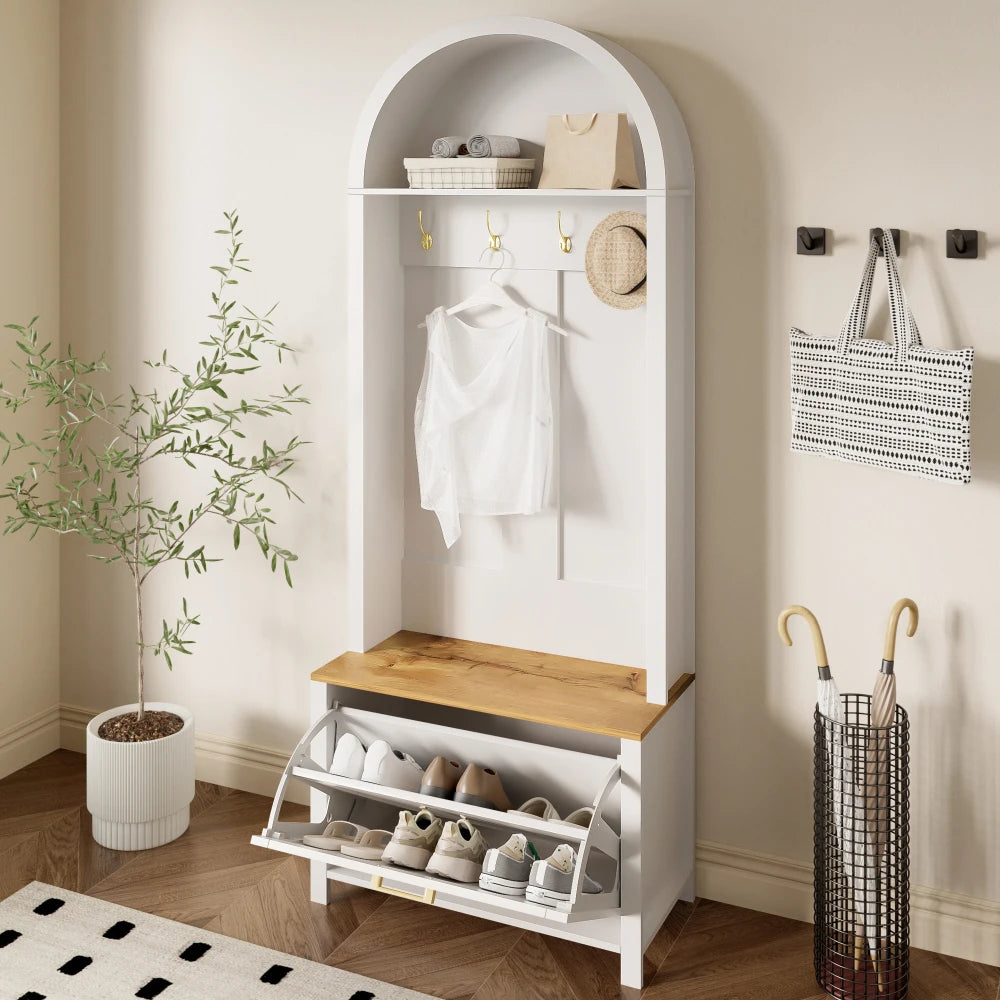 Multifunctional Modern Coat Racks Wardrobe with Shoe Rack Shelf Hooks for Entrance Hall Stable Iron Feet Convenient Storage