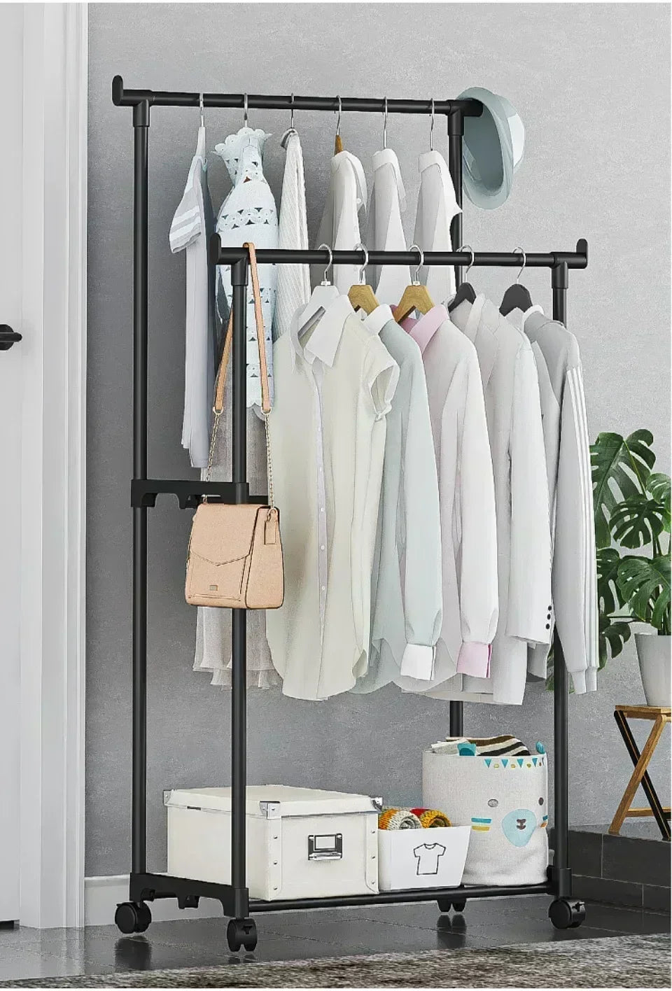Simple shoe and hat integrated storage rack single double rod with wheel drying rack multi-layer storage coat rack