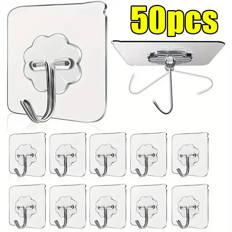 5/50pcs Transparent Stainless Steel Strong Self Adhesive Hooks Key Storage Hanger for Kitchen Bathroom Door Wall Multi-Function
