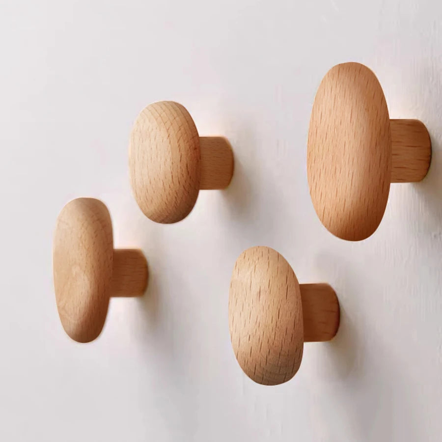 Scandinavian Solid Wood Handle Clothes Hook Coat Hook Wall-mounted Hook Punch-free Door Clothes Hanger Pebble Shape Cabinet Door