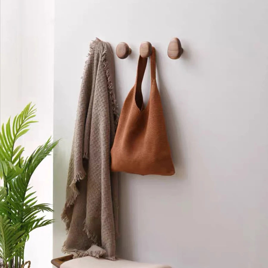 Scandinavian Solid Wood Handle Clothes Hook Coat Hook Wall-mounted Hook Punch-free Door Clothes Hanger Pebble Shape Cabinet Door