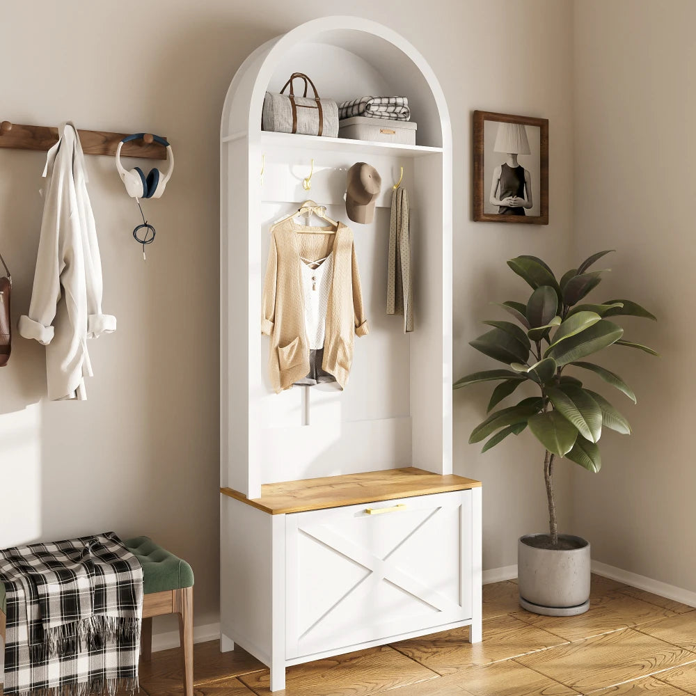 Multifunctional Modern Coat Racks Wardrobe with Shoe Rack Shelf Hooks for Entrance Hall Stable Iron Feet Convenient Storage