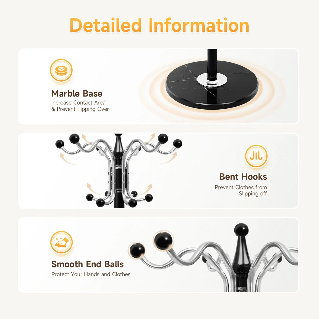 66.9in Black Tree Coat Hat Rack w/ 17 Hooks, Floor Standing Umbrella Storage Stand for Bedroom Entryway, Space Saving Organizer