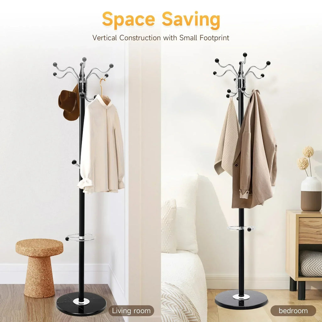 66.9in Black Tree Coat Hat Rack w/ 17 Hooks, Floor Standing Umbrella Storage Stand for Bedroom Entryway, Space Saving Organizer