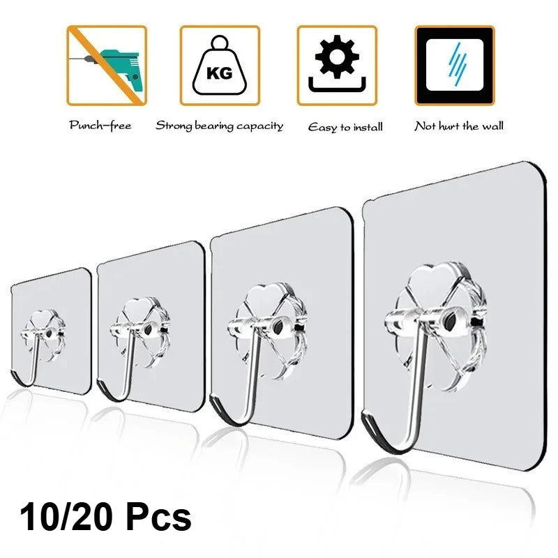 10/20 Sets Transparent Multipurpose Adhesive Hooks with 10kg Load Capacity for Bathroom Hook Kitchen and Decoration