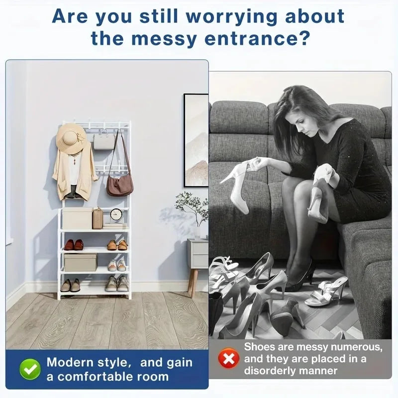 2025 Coat Shoe Rack Organizer Doorway DIY Hat And Shoes Shelf with Hooks Multipurpose Simple Metal Storage Rack Clothes Hanger